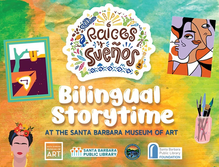 colorful graphic with text promoting Bilingual Storytime at the santa barbara museum of art