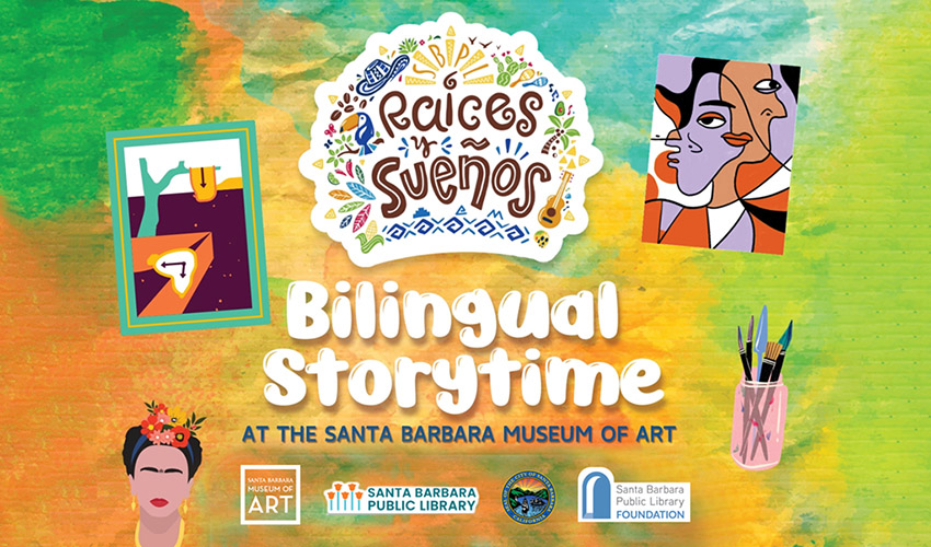 colorful graphic with text promoting Bilingual Storytime at the santa barbara museum of art