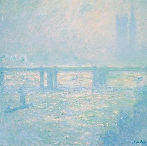 Impressionist painting of a canal scene in blue with a bridge going across the center of the frame and a tower in the background