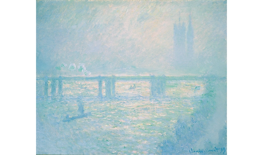 Impressionist painting of a canal scene in blue with a bridge going across the center of the frame and a tower in the background