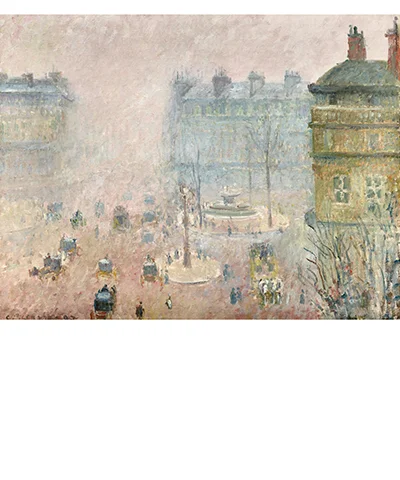 impressionist painting of street scene with pinks and yellows