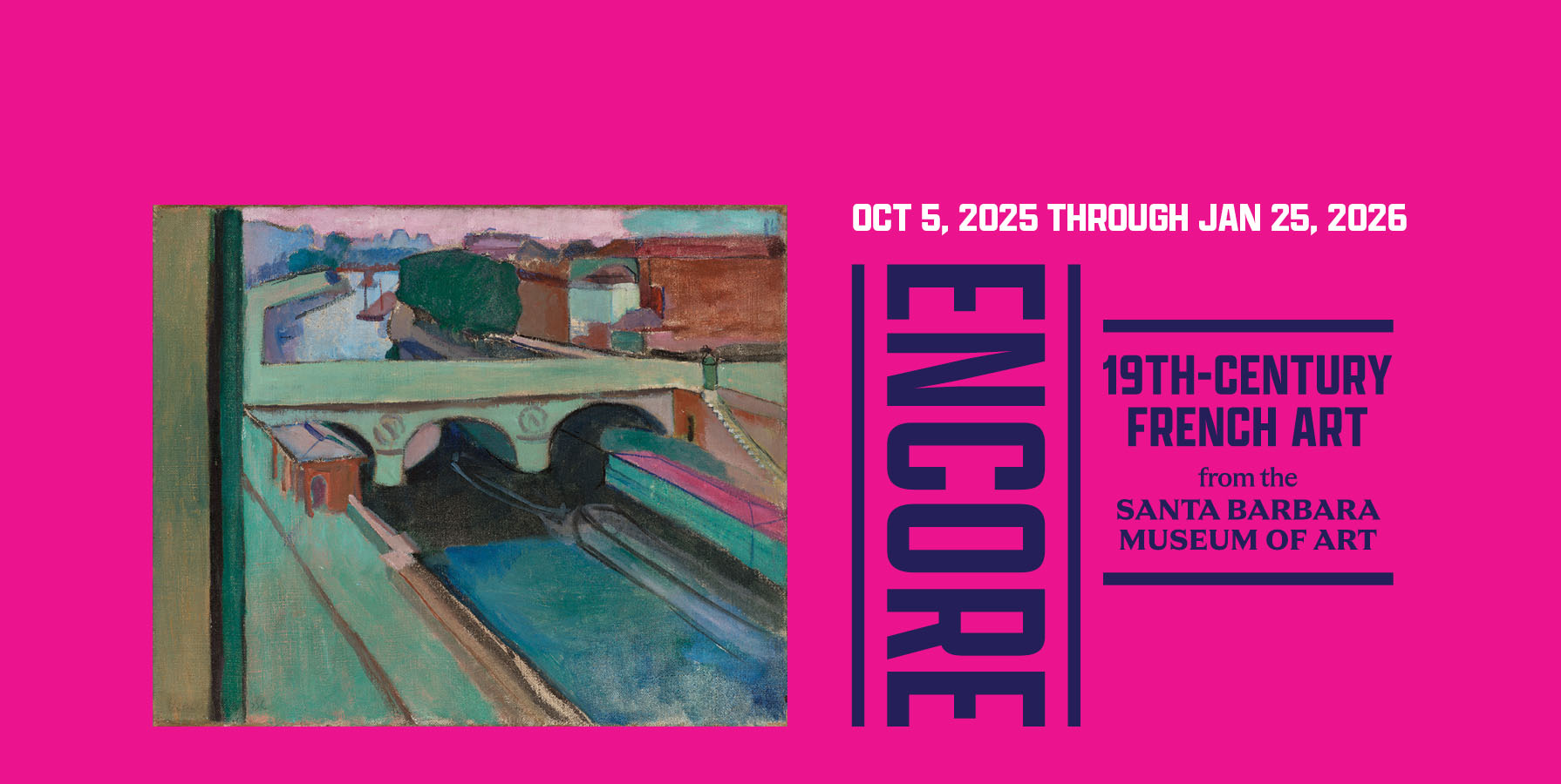 graphic design advertising Encore exhibition with indigo text on magenta background with a Matisse painting on the right of the frame