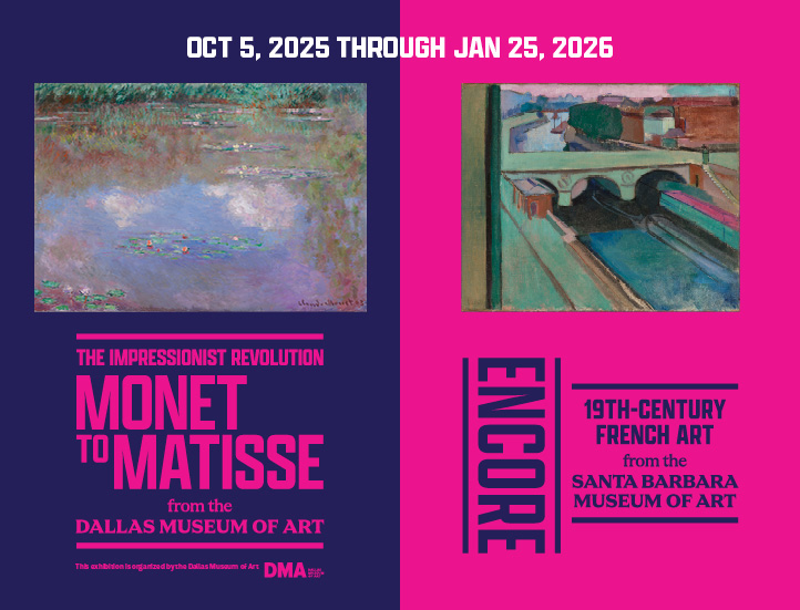 graphic design showcasing the The Impressionist Revolution and Encore exhibitions with a magenta and indigo palette and thumbnails of Monet and Matisse