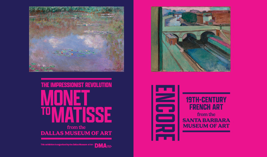 Magenta and indigo graphic featuring the titles of two exhibitions, alongside paintings by Monet and Matisse.