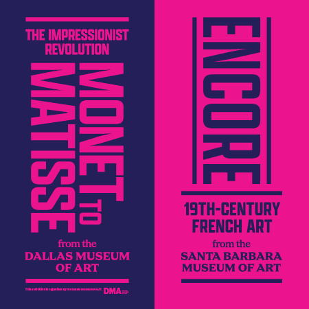 graphic design showcasing the The Impressionist Revolution and Encore exhibitions with a magenta and indigo palette and thumbnails of Monet and Matisse