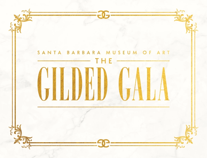 Graphic promoting the gilded gala event with gold text on a white marble background with ornate framing 