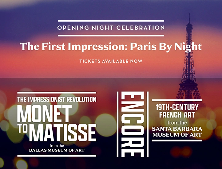 graphic promoting the first impression event for the impressionist revolution and encore shows with text overlaying a night scene of Paris