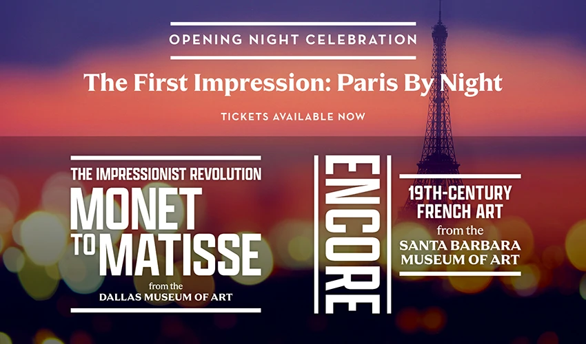 graphic promoting the first impression event for the impressionist revolution and encore shows with text overlaying a night scene of Paris