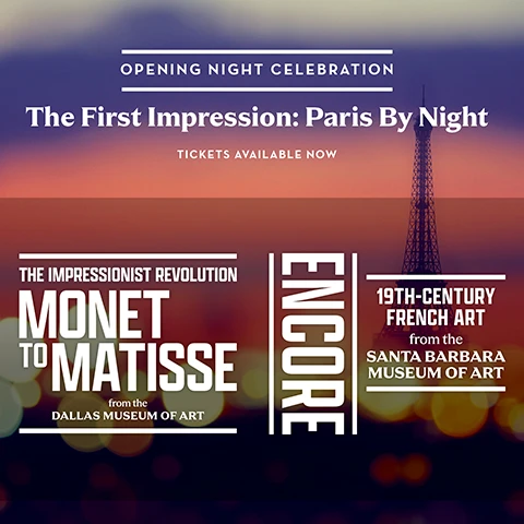 graphic promoting the first impression event for the impressionist revolution and encore shows with text overlaying a night scene of Paris