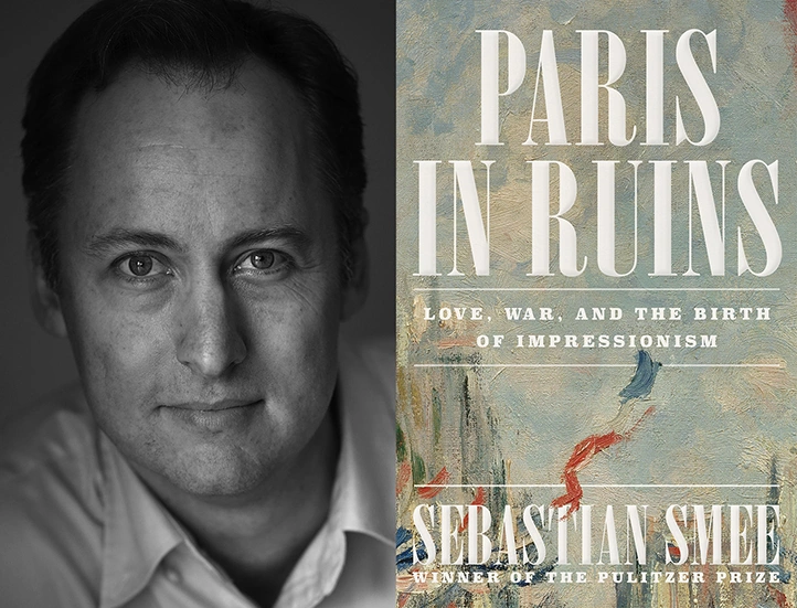 collage of photo of subject with short hair, light skin, and collared shirt looking into lens, and to the right the cover of their book titled Paris in Ruins