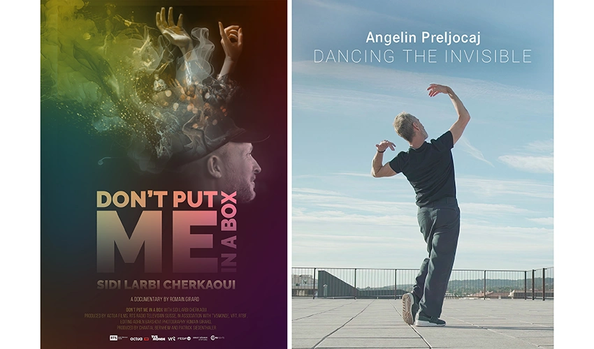 two movie posters side by side, one for don't put me in a box and another for angelin preljocaj dancing in the invisible