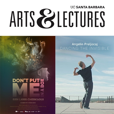 Graphic of three images including the UCSB arts & lectures series logo atop two movie posters side by side