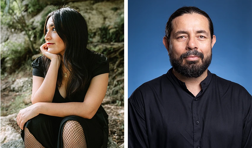 diptych of two portraits side by side, on the left, the subject in a dark dress in nature looking away from the camera, and on the right the subject wearing a black shirt against a blue backdrop staring into the lens
