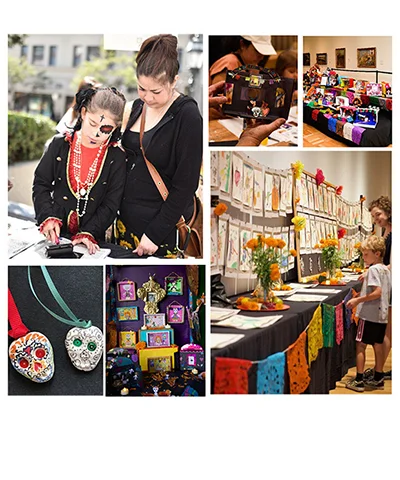 collage of photographs showing Día de los Muertos festivities imagery including people in sugar skull makeup, dancers, and sugar skull jewelry 