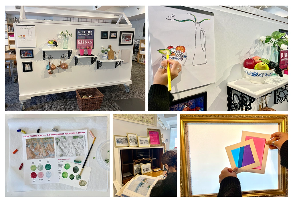 collage of five photos showcasing crafting projects related to the impressionist revolution show in the art learning lab
