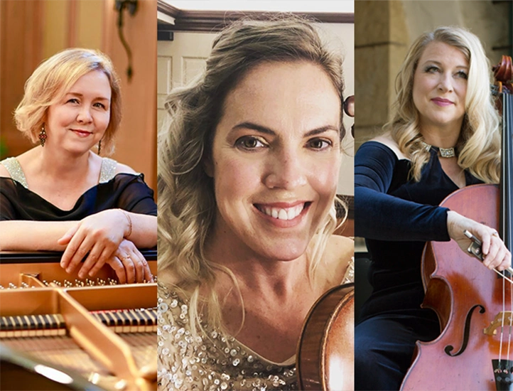 triptych of orchestra musicians including a piano, violin, and cello player