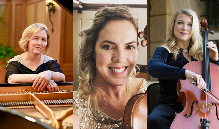triptych of orchestra musicians including a piano, violin, and cello player