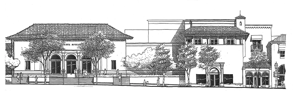 black and white architectural sketch of facade of museum
