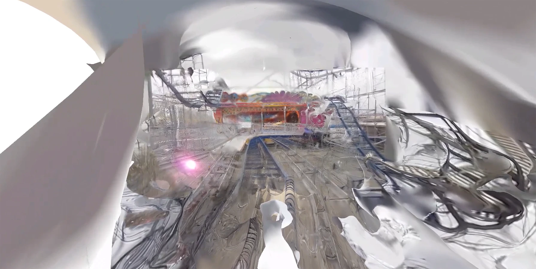 still from a video from YouTube reprocessed through photogrammetry featuring an abstract scene of grays and some red