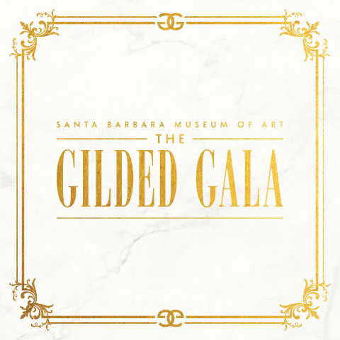 square graphic promoting the gilded gala event with gold text on a white marble background with ornate gold framing