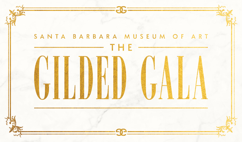 Graphic promoting the gilded gala event with gold text on a white marble background with ornate gold framing