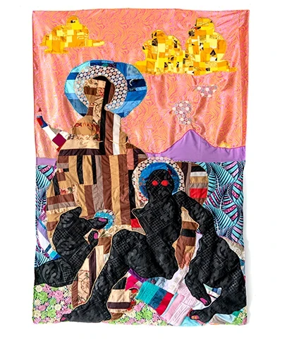 tapestry of dark figures on an abstract and colorful background