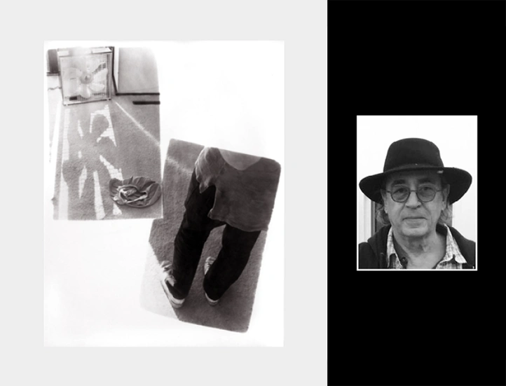 diptych of artist portrait on the right of a man wearing a dark brimmed hat on a black background and on the left on a gray background a print of two exposures side by side and offset one on top of the other everyday scenes of a carpeted floor and a photo of a person's clothed legs and shoes