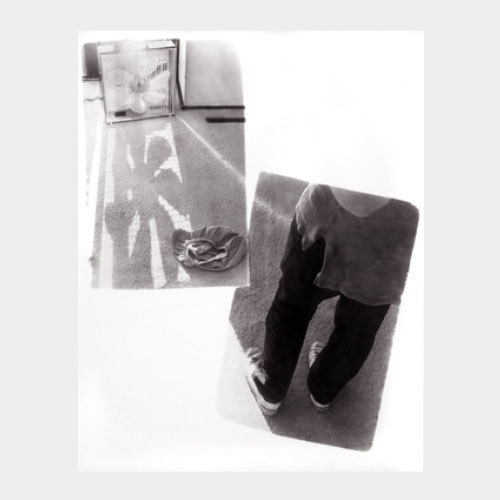 on a gray background a print of two exposures side by side and offset one on top of the other everyday scenes of a carpeted floor and a photo of a person's clothed legs and shoes