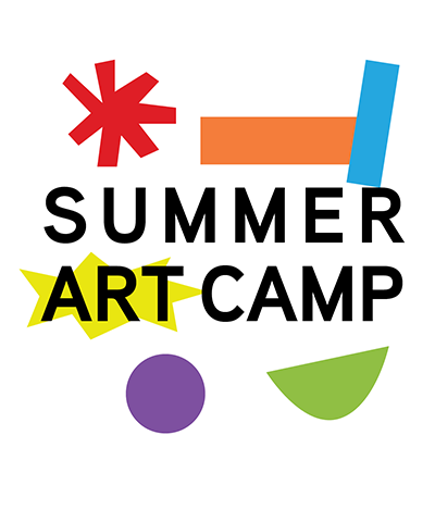 graphic with collorful shapes on a white background announcing summer art camp