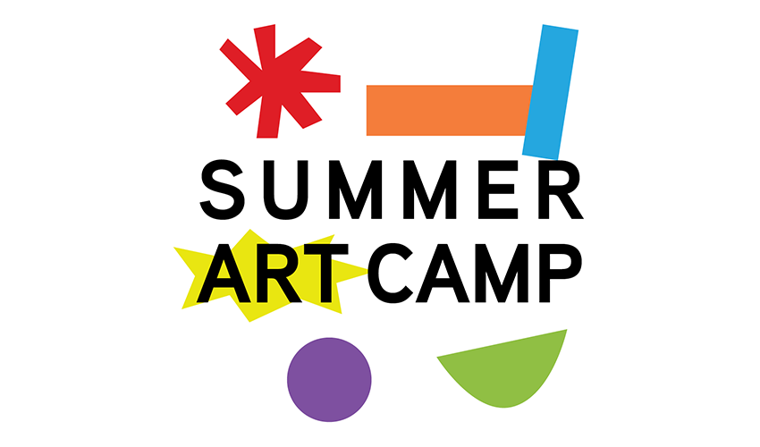 graphic with colorful shapes on a white background announcing summer art camp