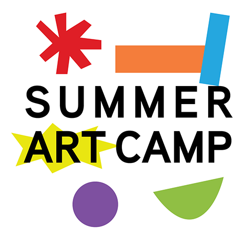 graphic with colorful shapes on a white background announcing summer art camp