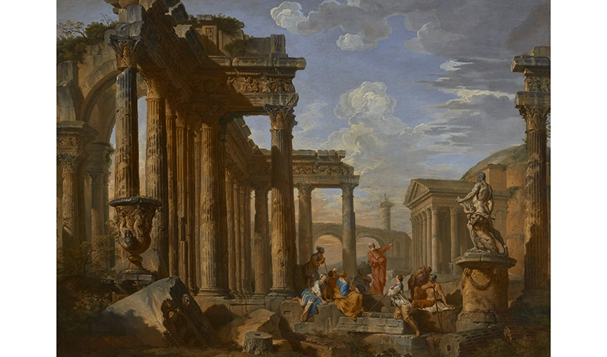  Ruin of ancient Roman temples and structures with a group of people standing around St. Paul with his arms raised and preaching. 