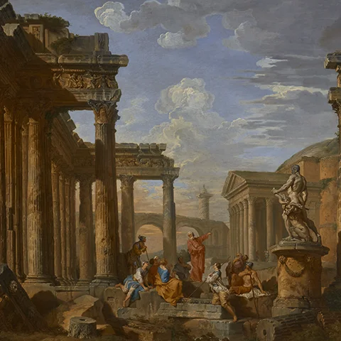  Ruin of ancient Roman temples and structures with a group of people standing around St. Paul with his arms raised and preaching. 