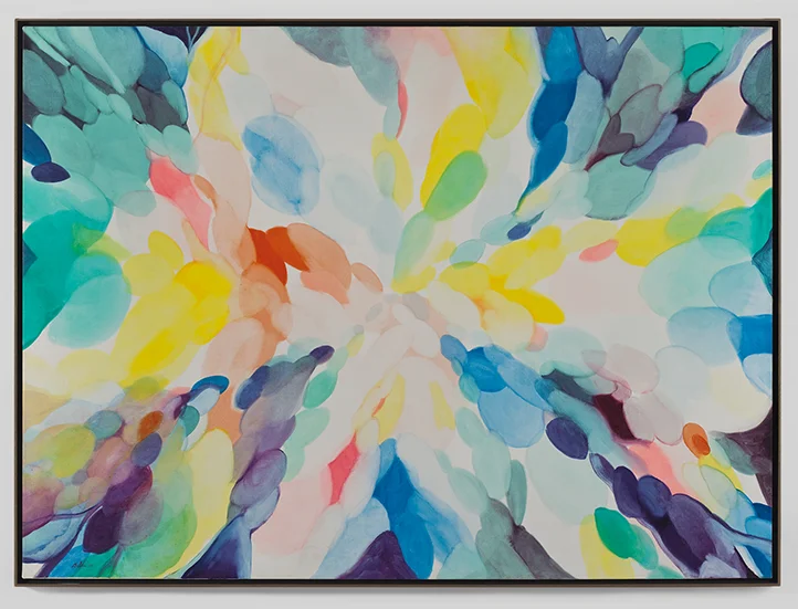 abstract painting with vibrant colors seemingly falling away from the viewer set against a gray wall