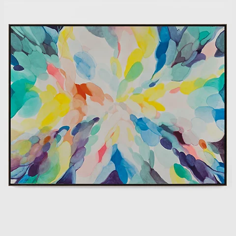abstract painting with vibrant colors seemingly falling away from the viewer
