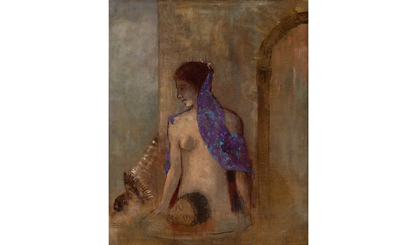 Silhouette of woman in dream-like setting. The woman is Salomé holding the severed head of John the Baptist on a platter. She is wearing a purple and blue scarf that covers part of her head and left arm