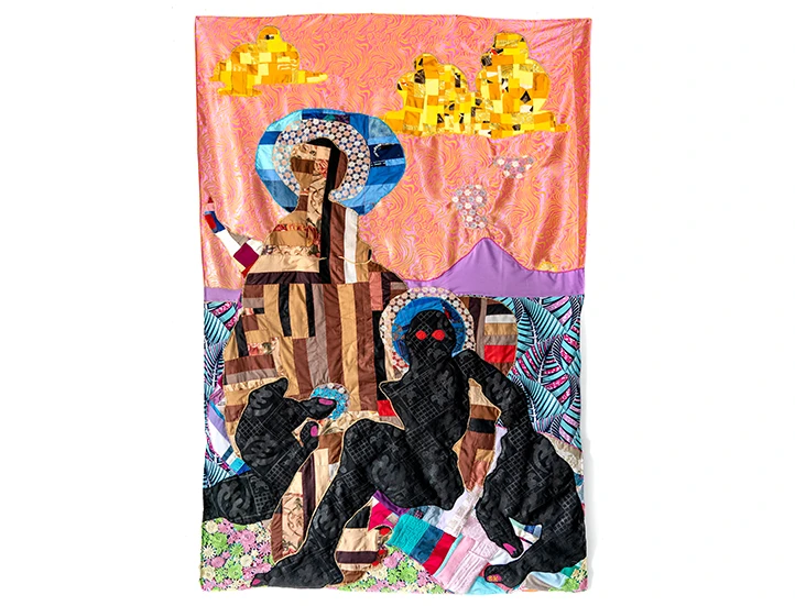 tapestry of dark figures on an abstract and colorful background