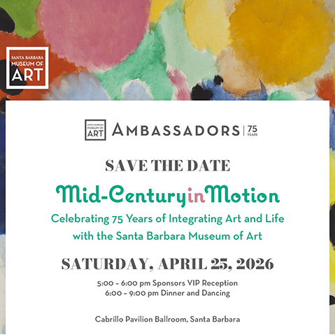 image of graphic announcing sbma ambassadors save the date for Mid Century in Motion event against a colorful background of Ernst Nay oil on canvas