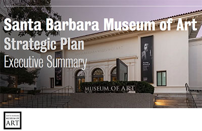 cover of strategic plan with text overlayed on top of photo of exterior of museum at dusk