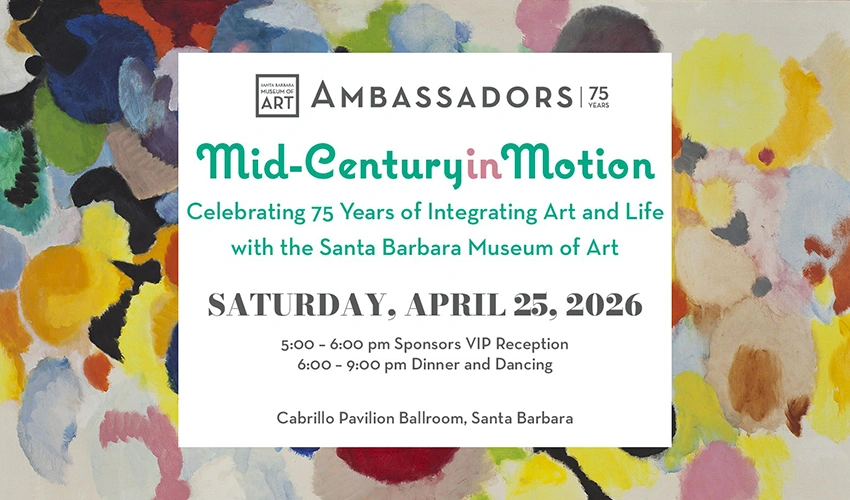 image of graphic announcing sbma ambassadors save the date for Mid Century in Motion event against a colorful background of Ernst Nay oil on canvas