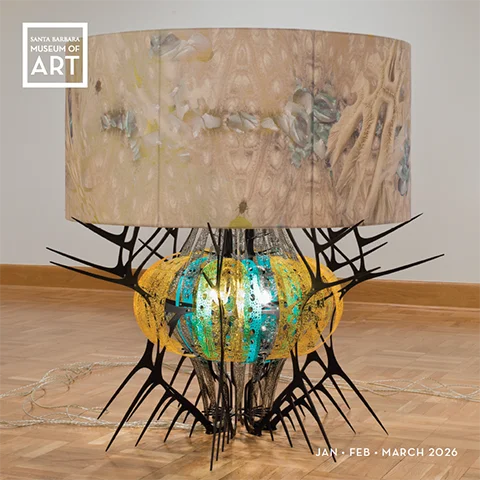 sbma newsletter cover for winter 2026 featuring a photo of a lamp resembling a beetle on a wooden gallery floor