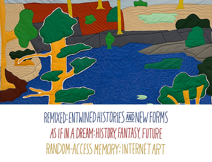 graphic featuring spring show titles below a detail of a colorful textile depicting a landscape