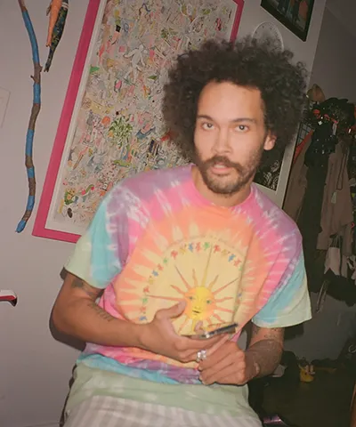 side by side composition of a photo of the artist with a beard and wearing a tie dyed shirt looking at the camera