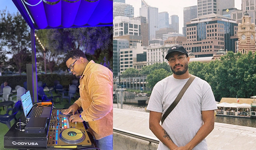 side by side photos of djs with the one on the left leaning over a dj setup and the dj on the right is wearing a hat, looking into the lens, and has a cityscape behind him.