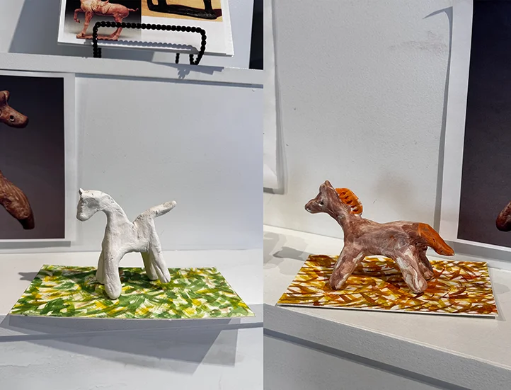 side by side images of crafting prototypes of clay horse figurines on a base
