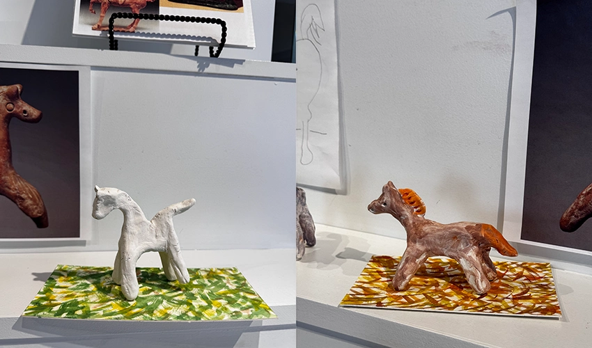 side by side images of crafting prototypes of clay horse figurines on a base