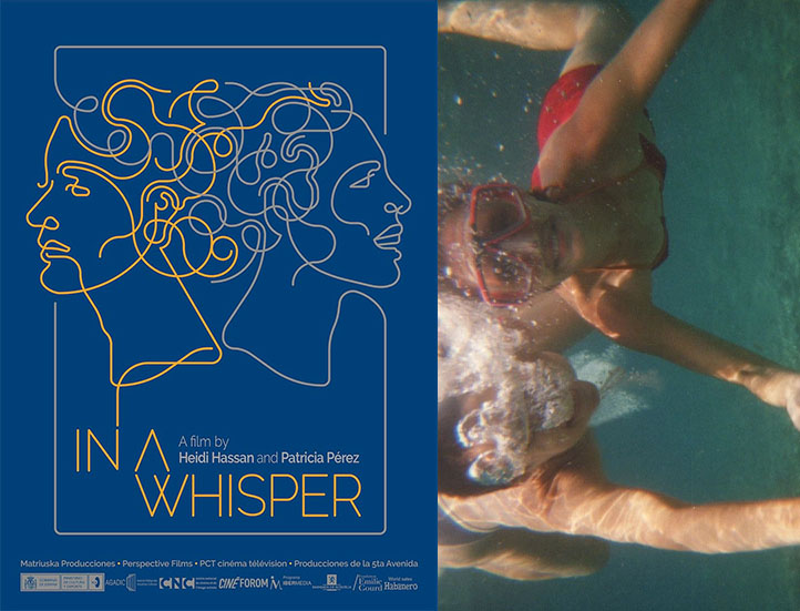 side by side images of promotional poster for film showing line drawing of two heads facing away from one another as the lines feed into the title treatment and on the right an underwater photo showing two people swimming and facing the camera