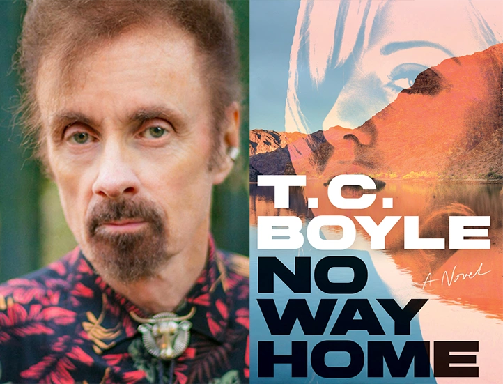 side by side images of author portrait on the left with a goateed man in a colorful shirt and the cover of his book on the right featuring the authors name and book title and duotone image of a person in profile