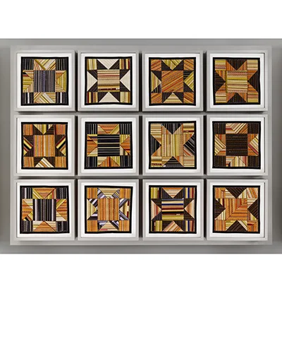 3 x 4 grid of square artworks of various geometrical cross patterns