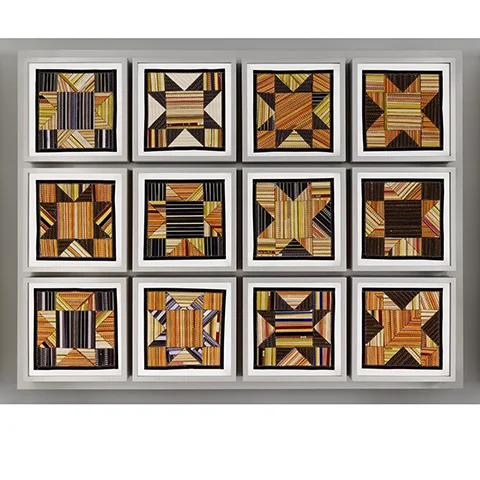 3 x 4 grid of square artworks of various geometrical cross patterns